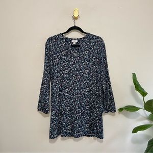 J. Jill Blue Floral Split Crewneck Long Sleeve Tunic Top
